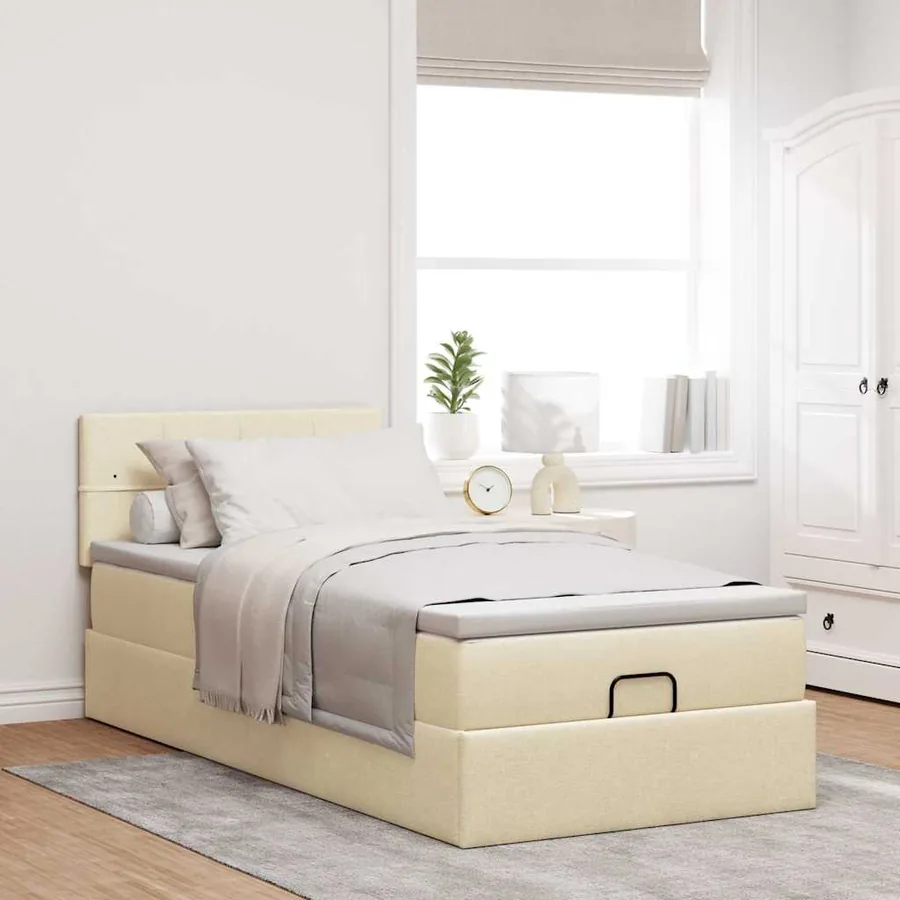 Lit ottoman avec matelas et LED crème 90x200 cm tissu - 4