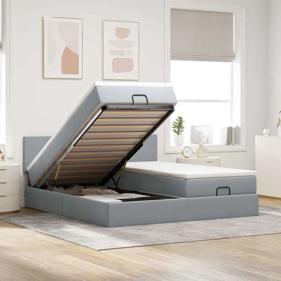 Cadre de lit ottoman et matelas gris clair 200x200cm tissu