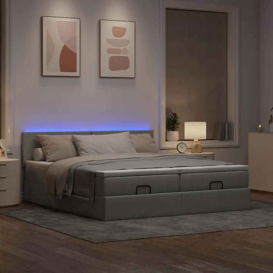 Cadre de lit ottoman et matelas gris clair 200x200cm tissu - 3
