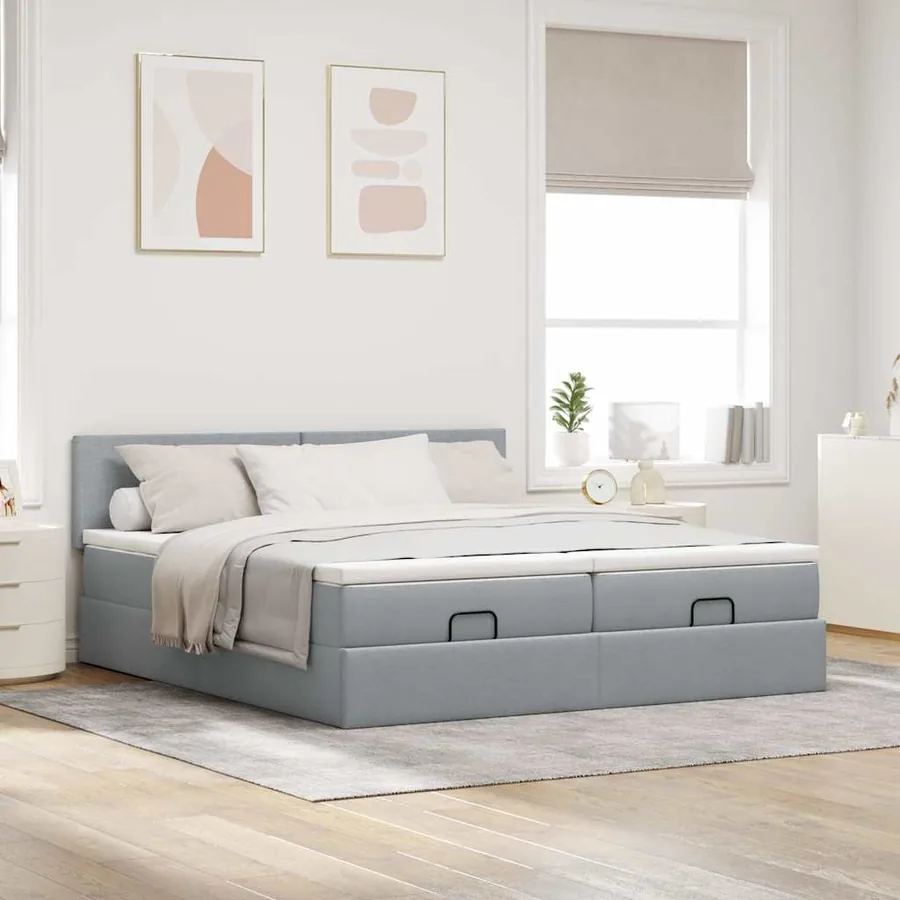 Cadre de lit ottoman et matelas gris clair 200x200cm tissu - 4