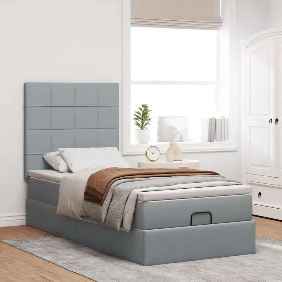 Cadre de lit ottoman et matelas gris clair 100x200 cm tissu - 4