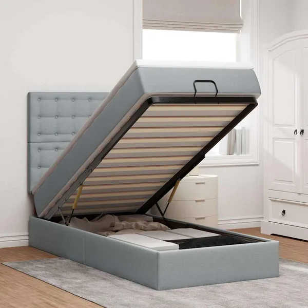 Lit ottoman avec matelas gris clair 100x200 cm tissu
