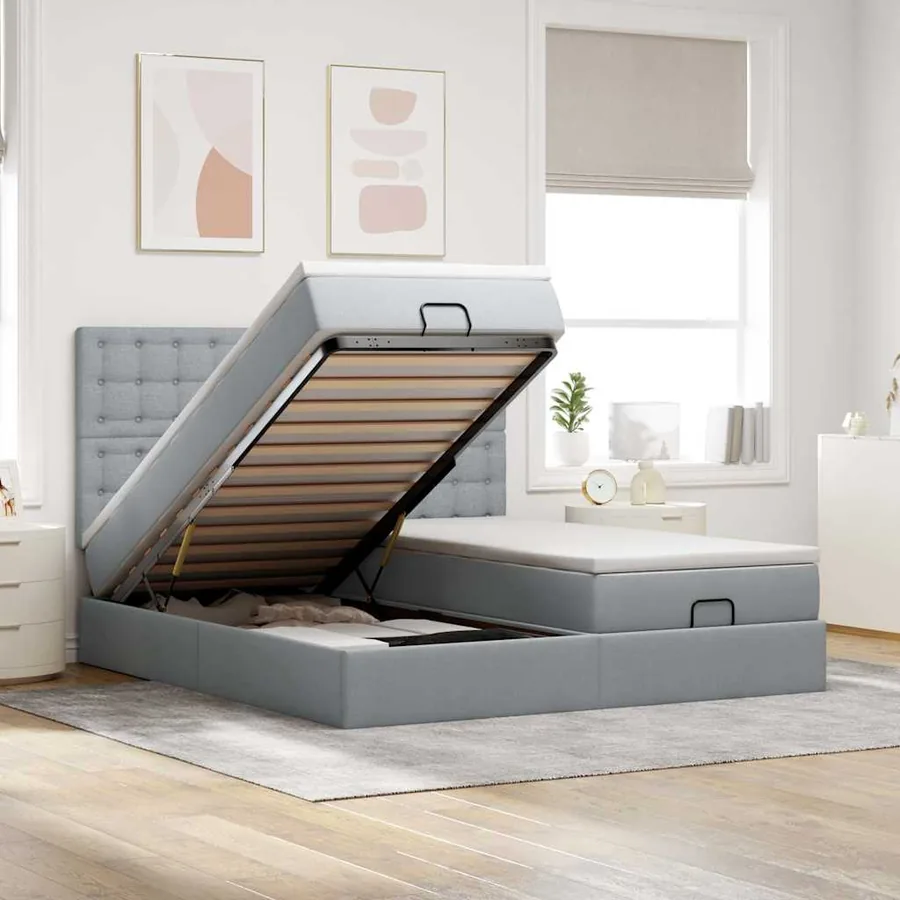 Cadre de lit ottoman et matelas gris clair 200x200cm tissu