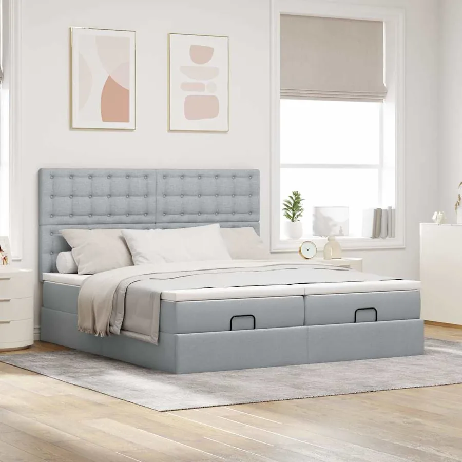 Cadre de lit ottoman et matelas gris clair 200x200cm tissu - 3