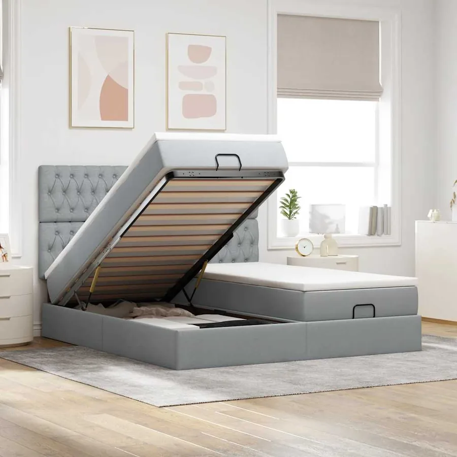 Cadre de lit ottoman et matelas gris clair 200x200cm tissu