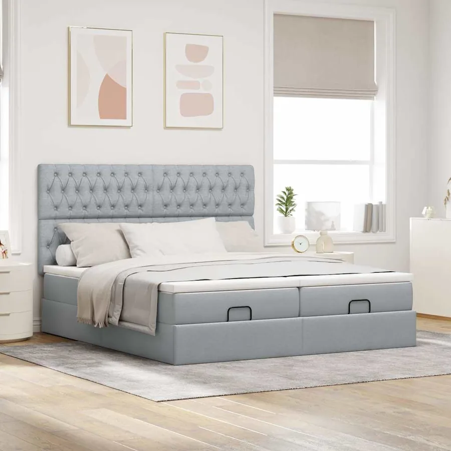 Cadre de lit ottoman et matelas gris clair 200x200cm tissu - 3