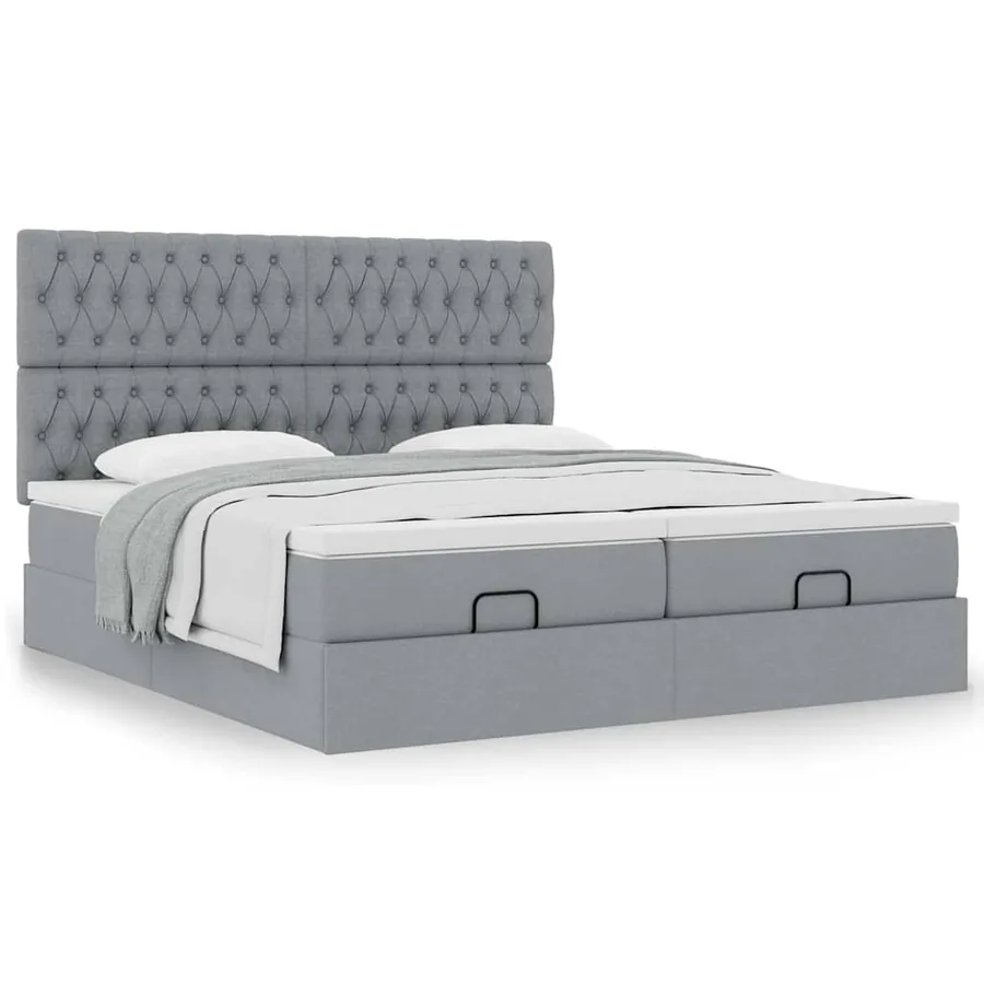 Cadre de lit ottoman et matelas gris clair 200x200cm tissu - 4