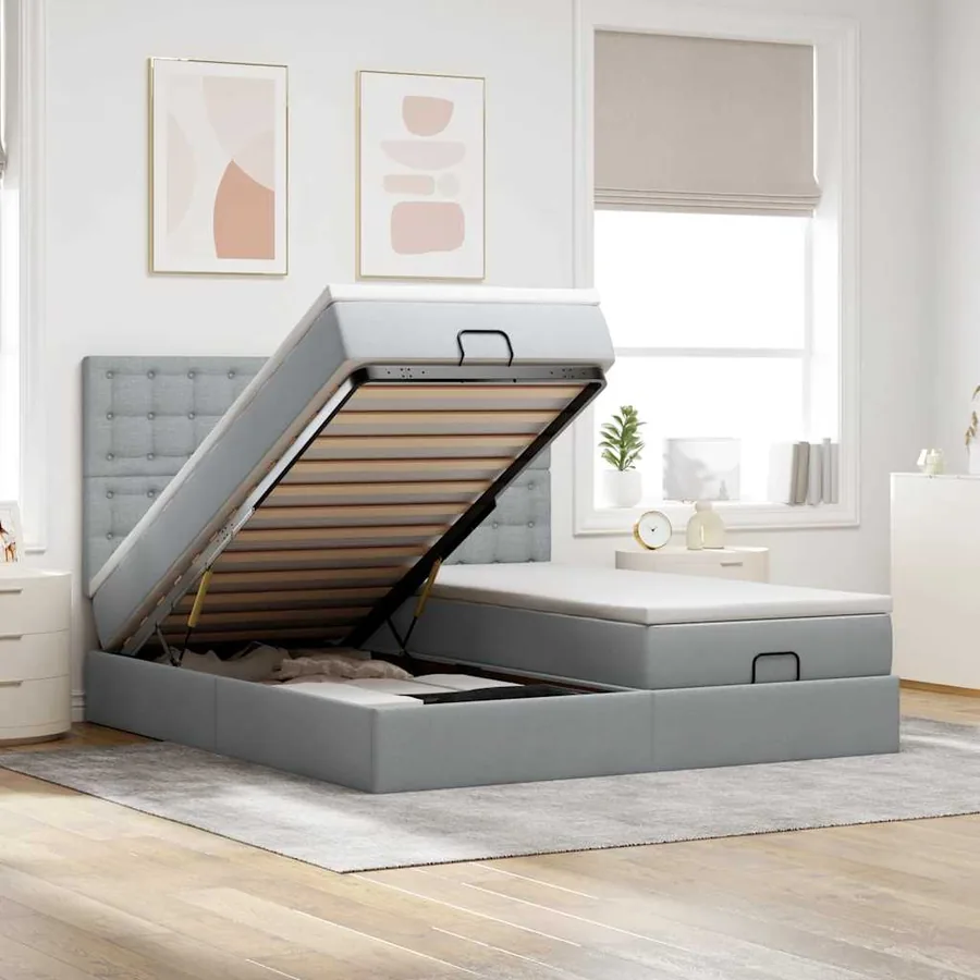 Cadre de lit ottoman et matelas gris clair 200x200cm tissu