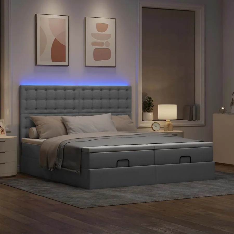 Cadre de lit ottoman et matelas gris clair 200x200cm tissu - 2