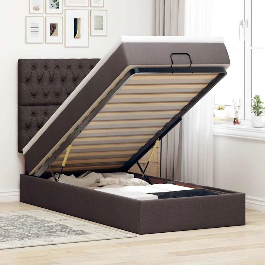 Lit ottoman avec matelas marron foncé 90x200 cm tissu