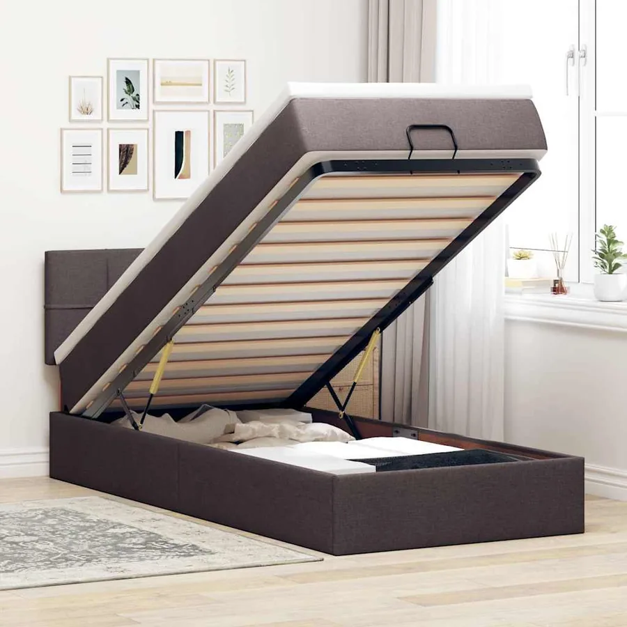 Lit ottoman avec matelas et LED marron foncé 90x200 cm tissu