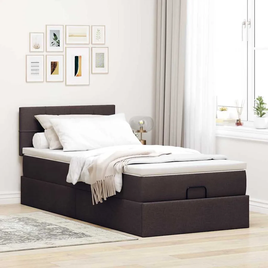 Lit ottoman avec matelas et LED marron foncé 90x200 cm tissu - 4