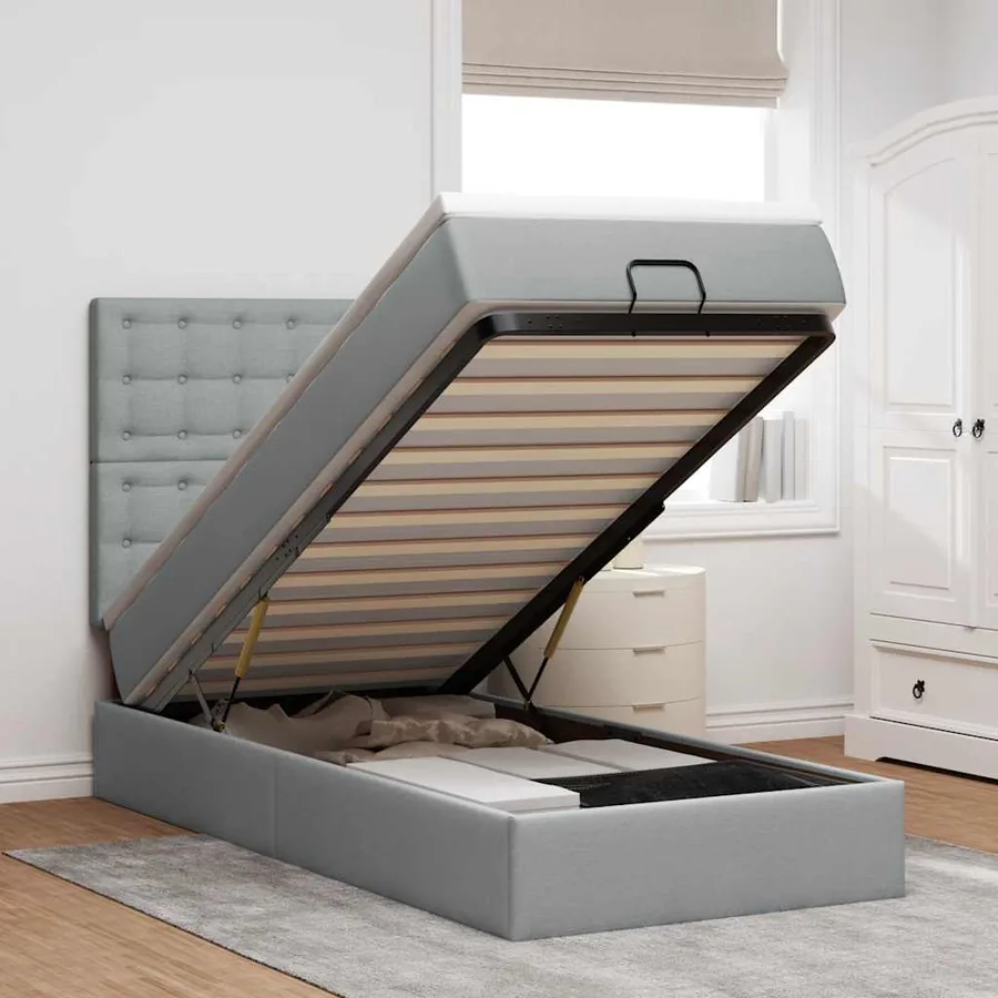 Lit ottoman avec matelas gris clair 90x200 cm tissu