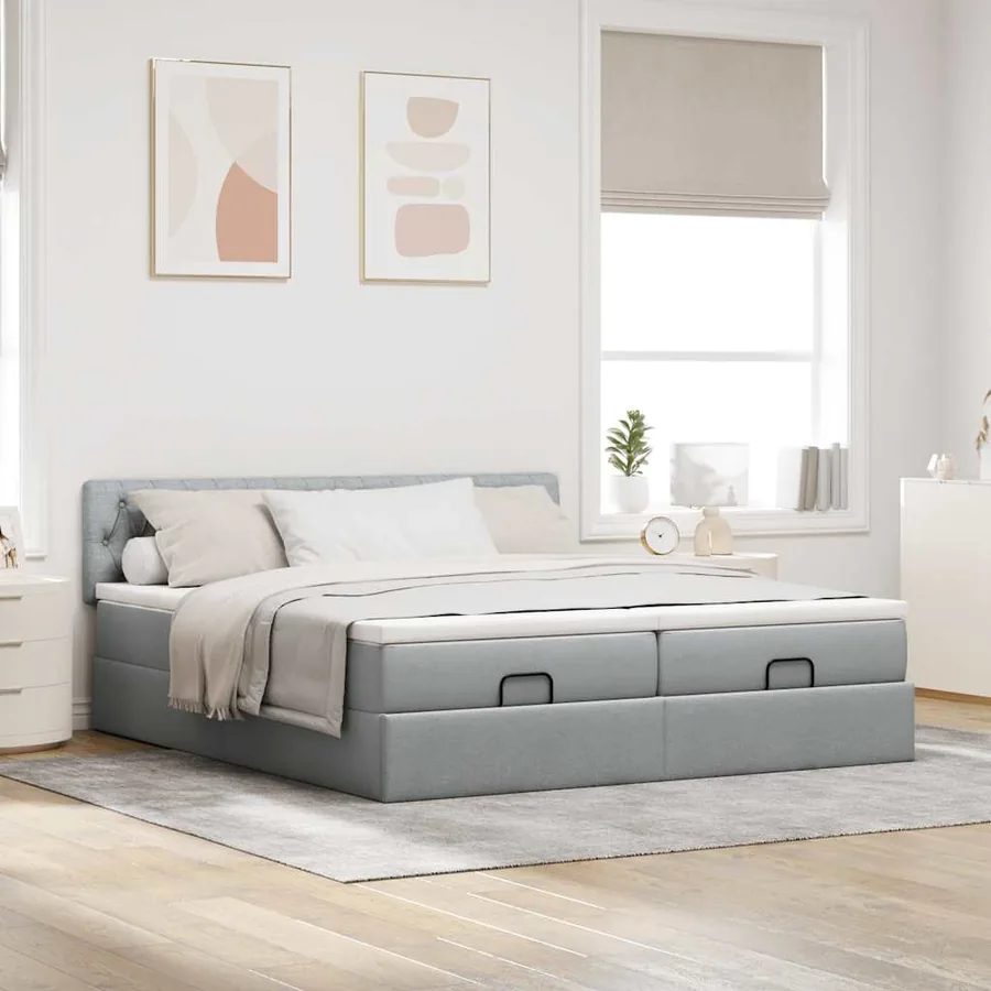Cadre de lit ottoman et matelas gris clair 180x200cm tissu - 3