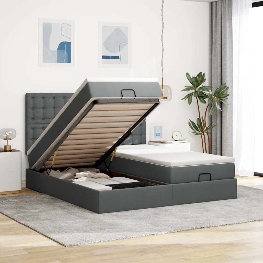 Cadre de lit ottoman avec matelas gris foncé 180x200cm tissu