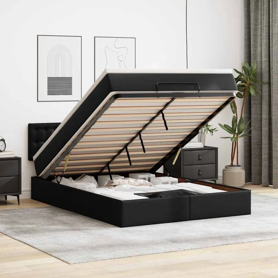 Lit ottoman avec matelas & LED Noir 140x190cm similicuir