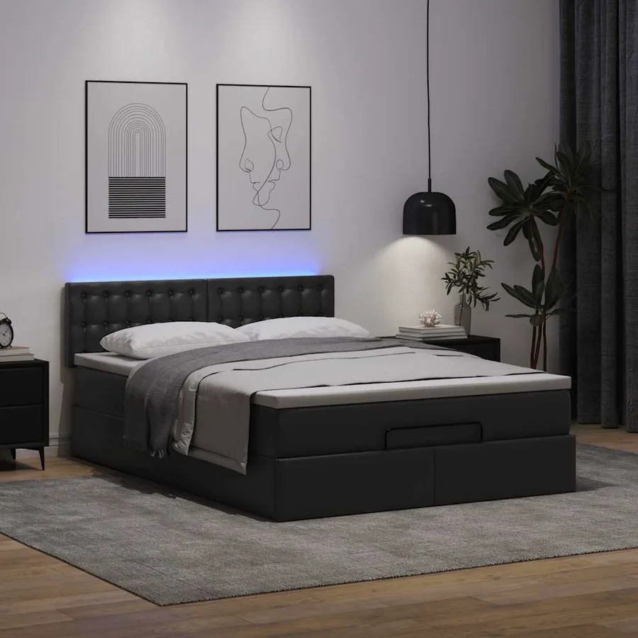 Lit ottoman avec matelas & LED Noir 140x190cm similicuir - 3