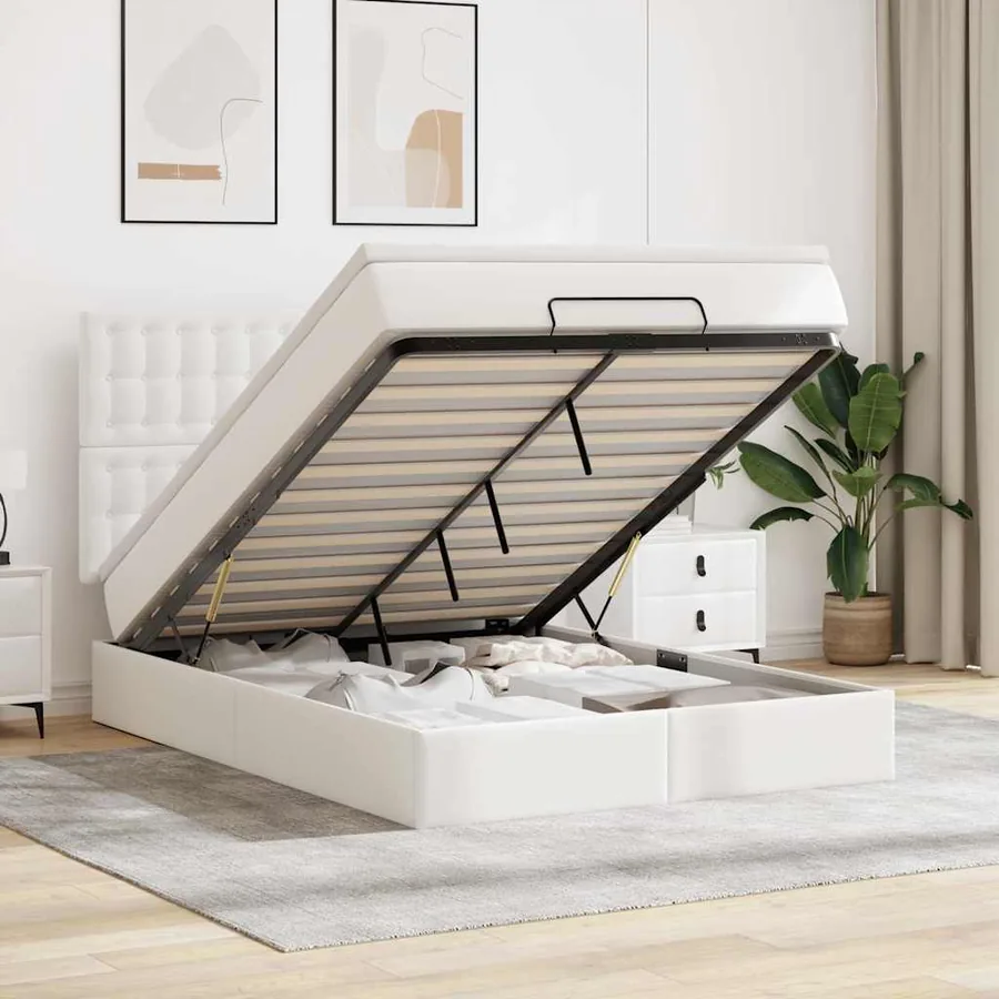 Cadre de lit ottoman avec matelas blanc 140x190 cm similicuir