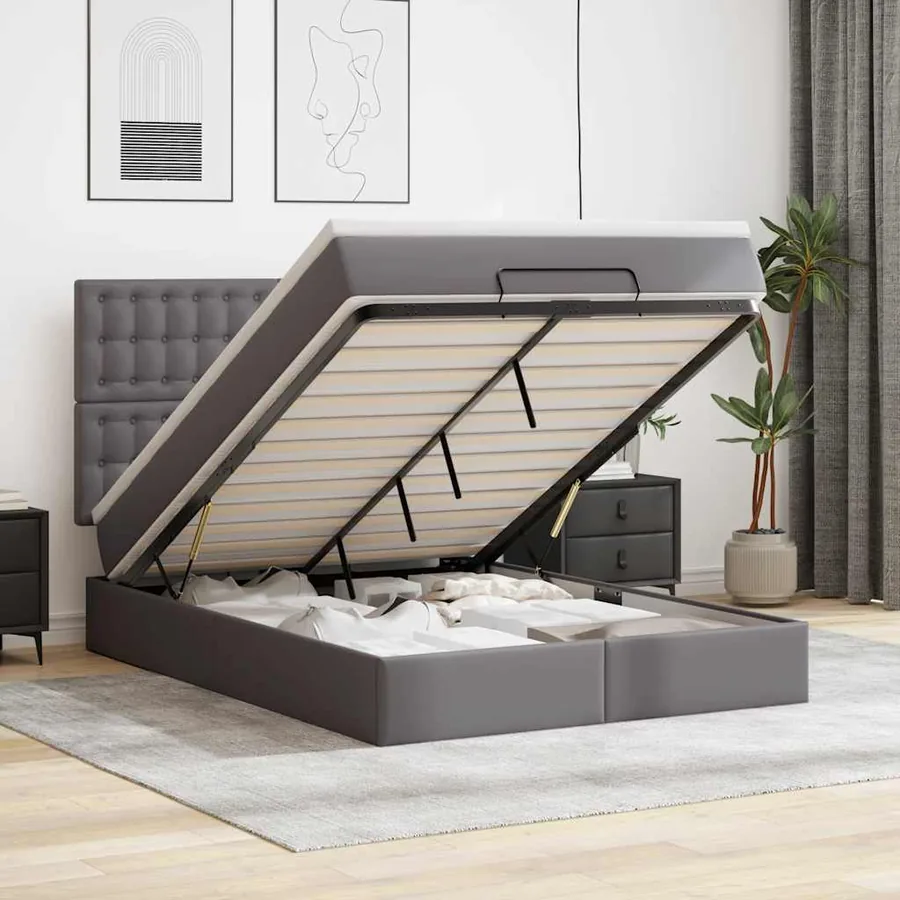 Cadre de lit ottoman avec matelas gris 140x190 cm similicuir