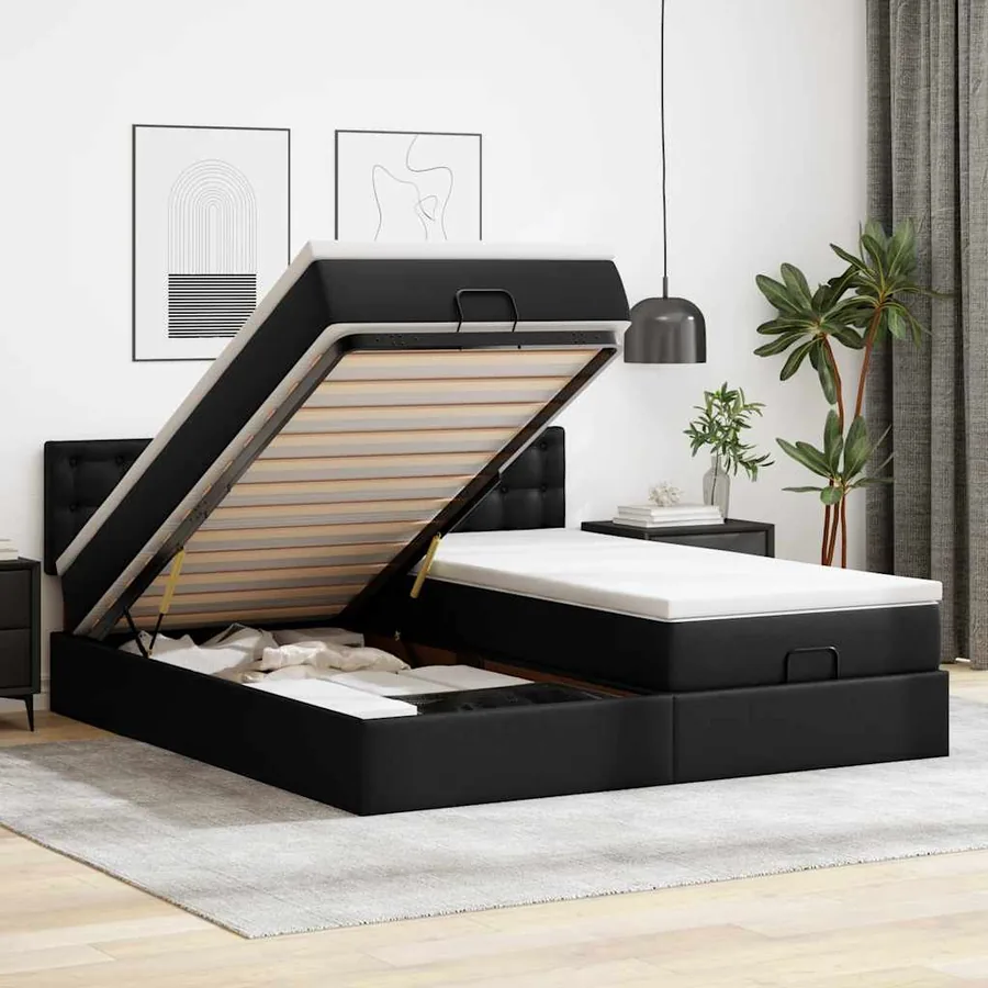 Cadre de lit ottoman avec matelas noir 160x200 cm similicuir