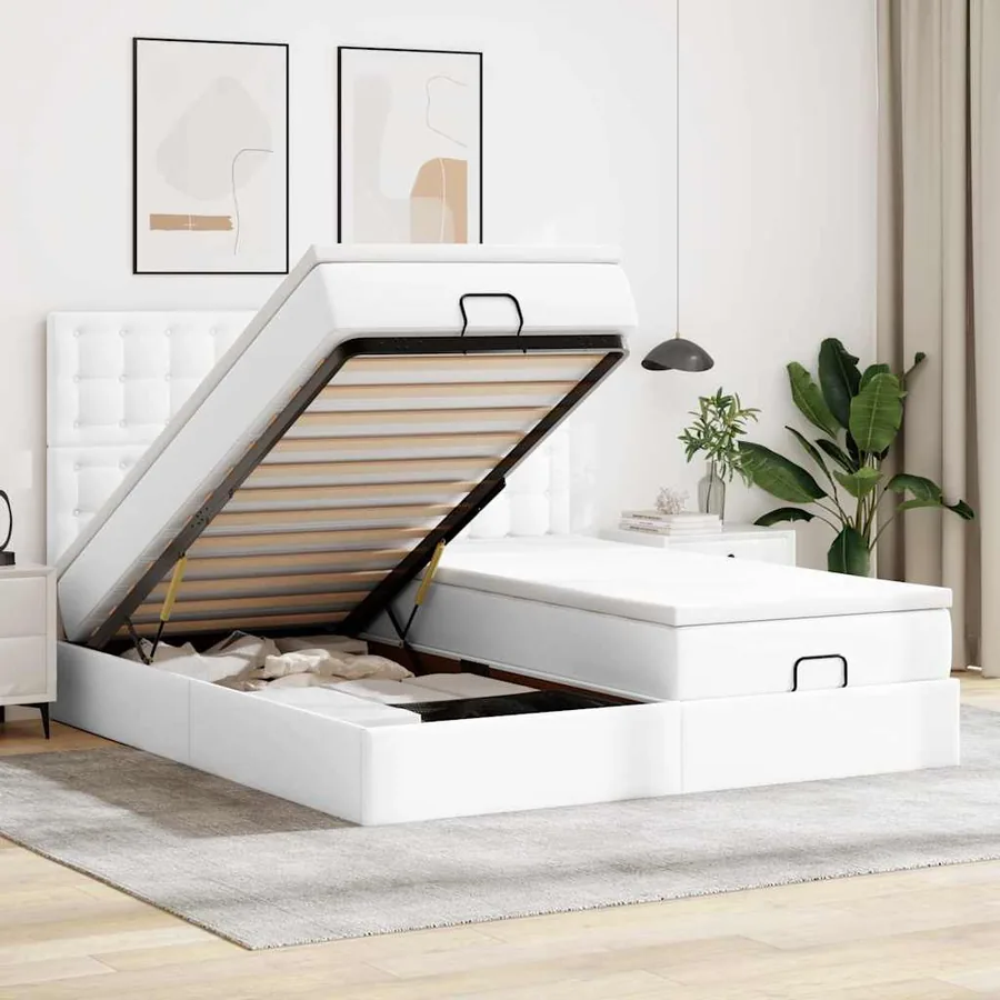 Cadre de lit ottoman et matelas blanc pur 160x200 cm similicuir