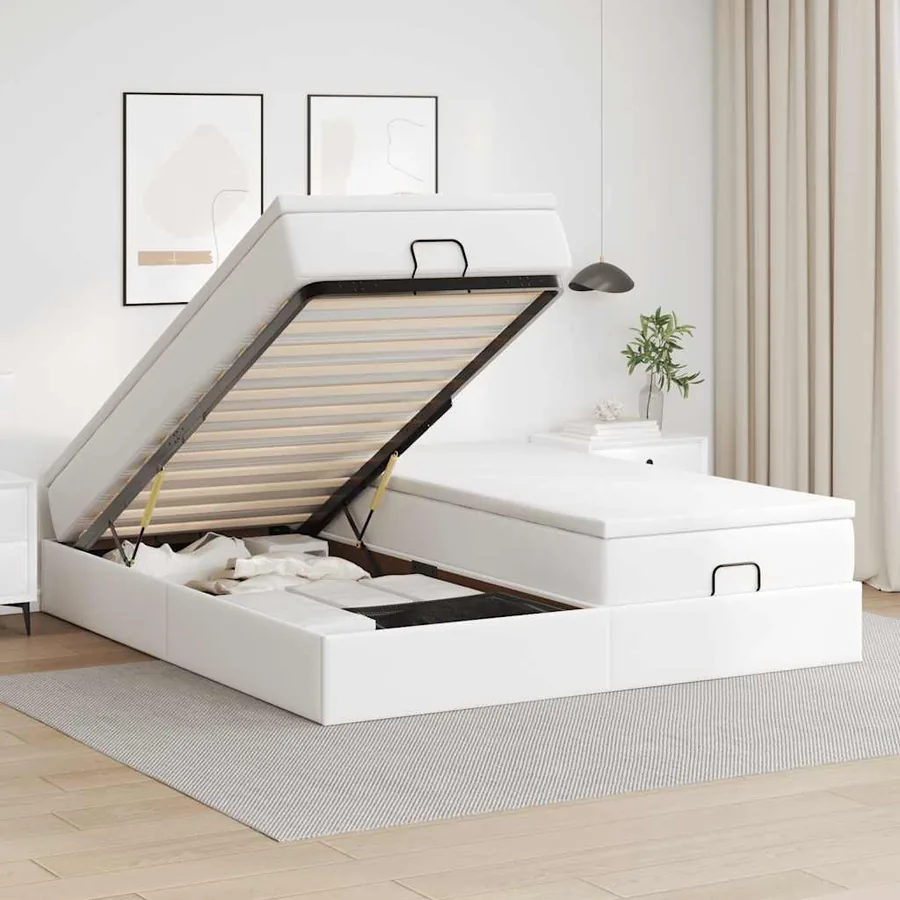 Cadre de lit ottoman avec matelas blanc 160x200 cm similicuir