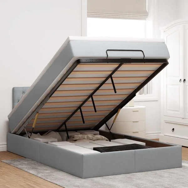 Lit ottoman avec matelas gris clair 120x200 cm tissu