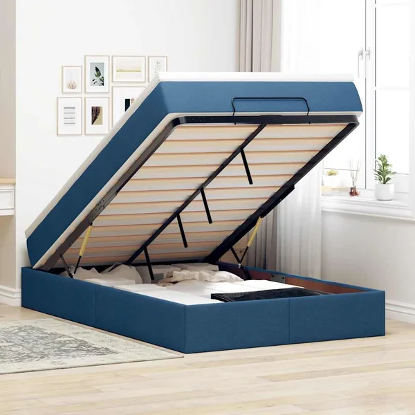 Cadre de lit ottoman avec matelas bleu 120x200 cm tissu