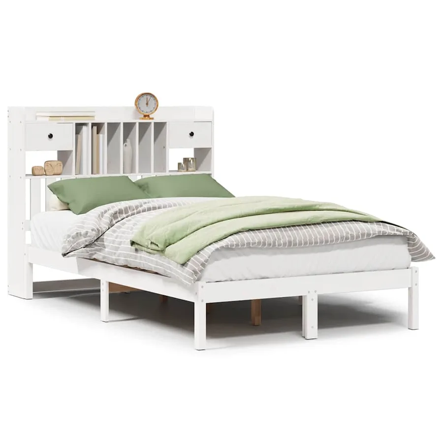 Lit bibliothèque sans matelas blanc 135x190 cm bois pin massif - 2