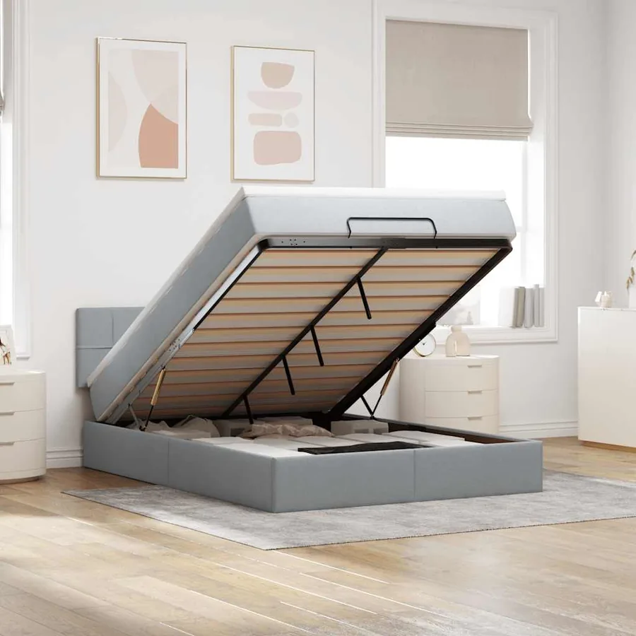 Lit ottoman avec matelas gris clair 140x190 cm tissu