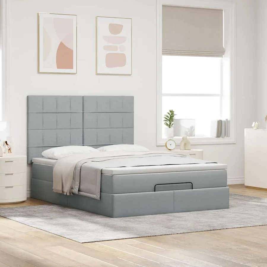 Cadre de lit ottoman et matelas gris clair 140x190 cm tissu - 4