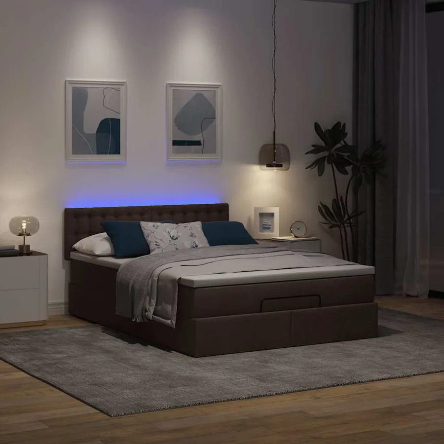 Lit ottoman avec matelas et LED marron foncé 140x190 cm tissu - 3