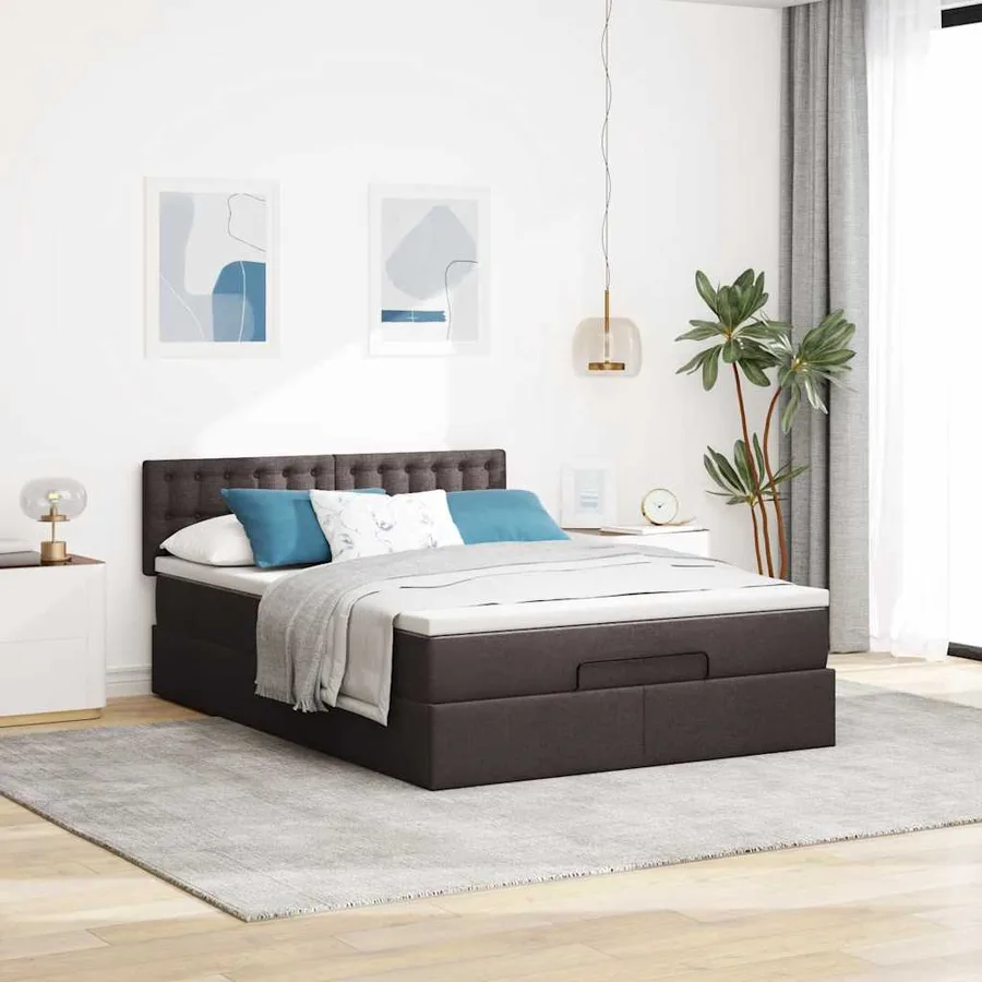 Lit ottoman avec matelas et LED marron foncé 140x190 cm tissu - 4