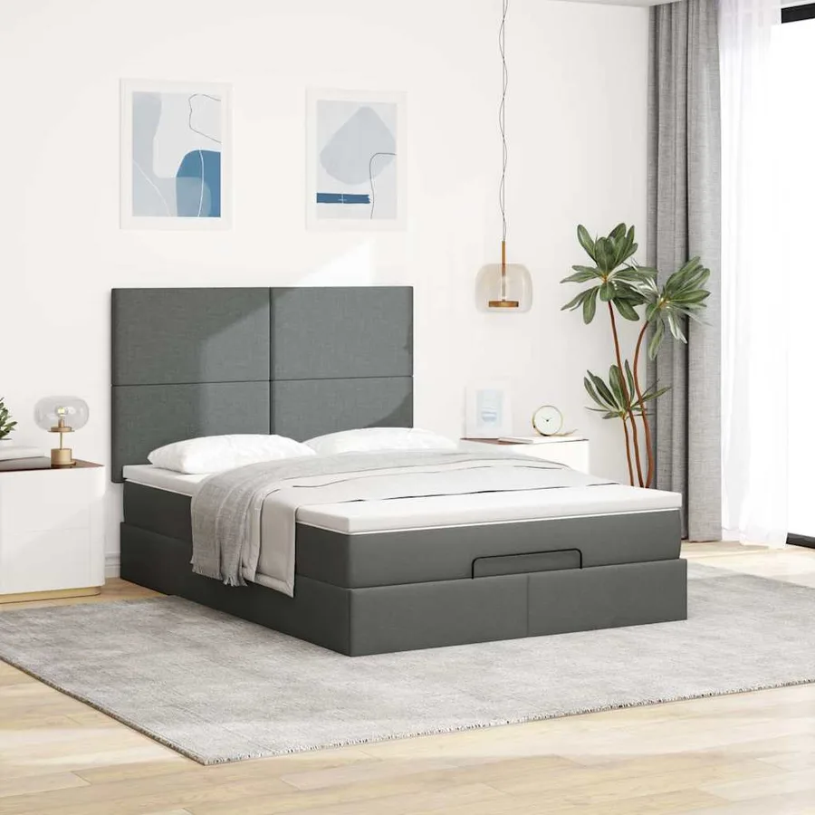 Cadre de lit ottoman avec matelas gris foncé 140x190 cm tissu - 3