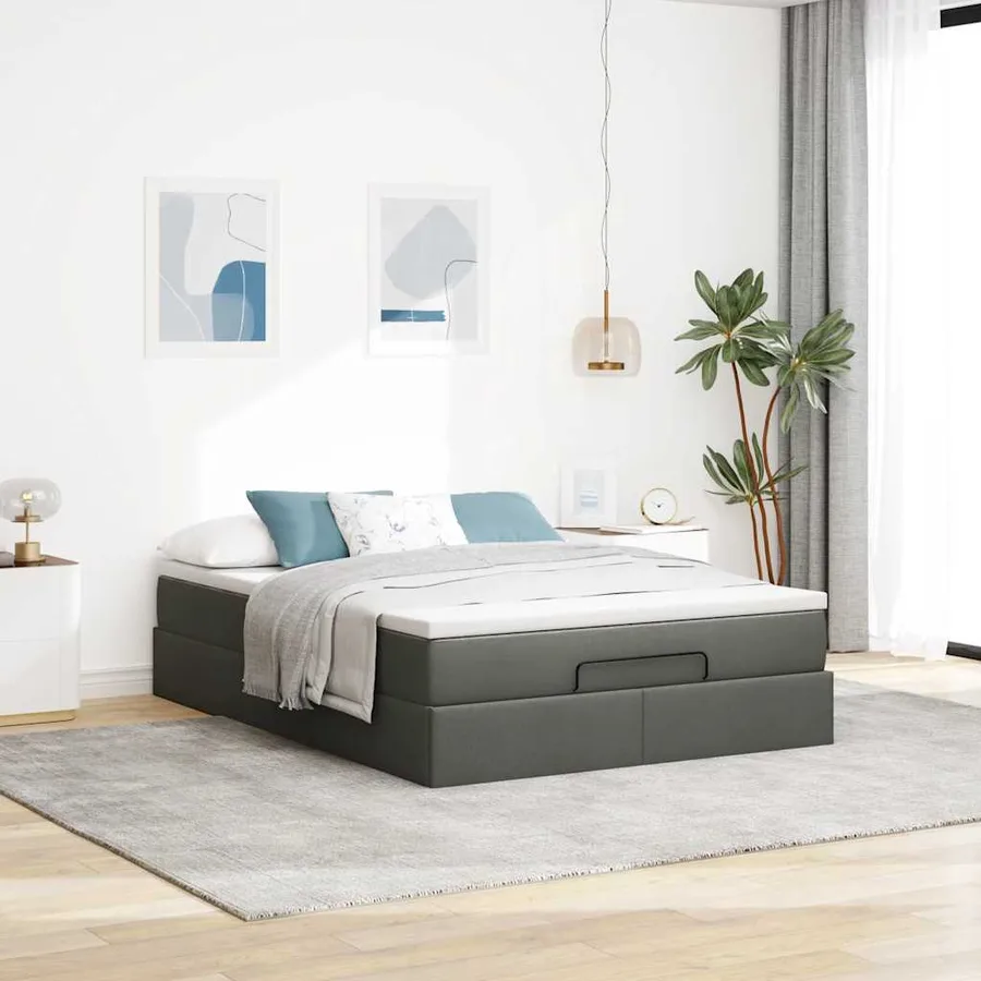Cadre de lit ottoman avec matelas gris foncé 140x190 cm tissu - 3