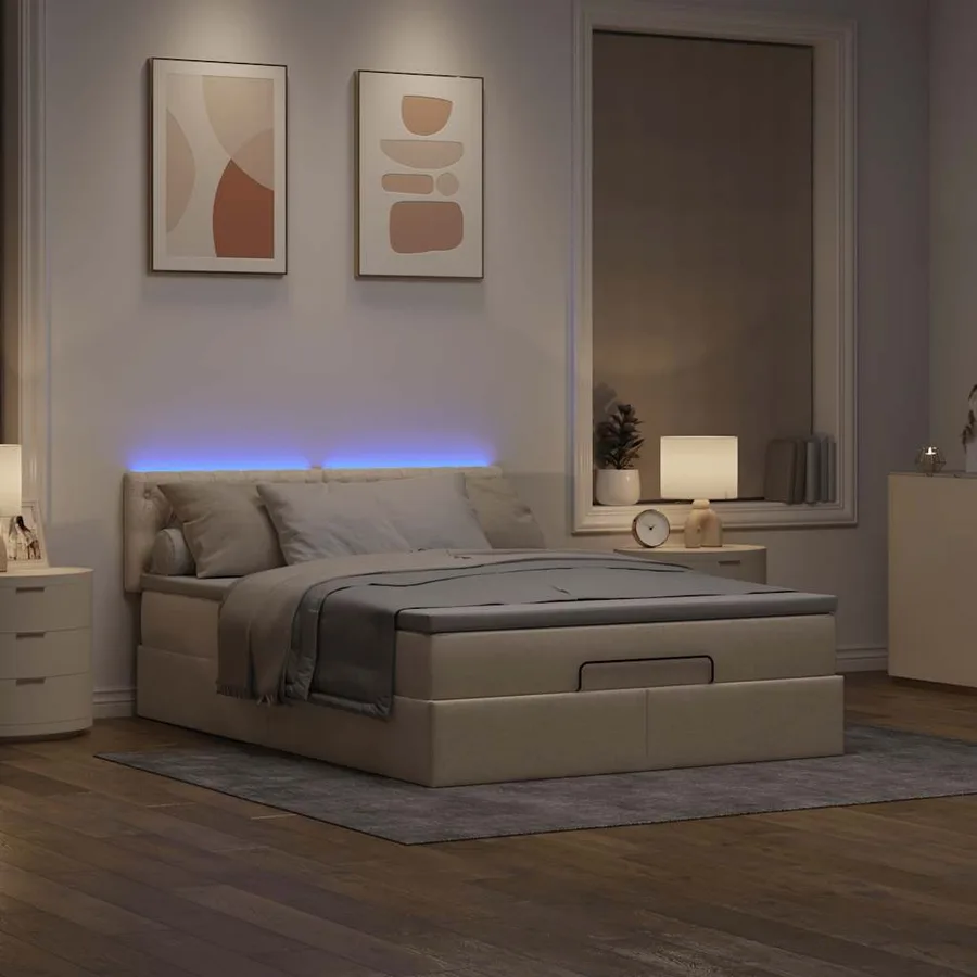 Lit ottoman avec matelas et LED crème 140x190 cm tissu - 3