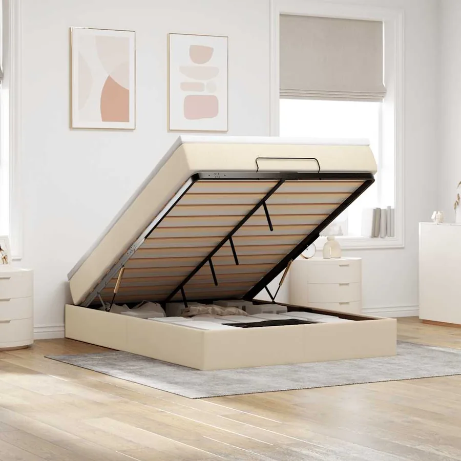 Cadre de lit ottoman avec matelas crème 140x190 cm tissu