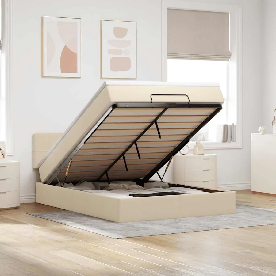 Lit ottoman avec matelas crème 140x190 cm tissu