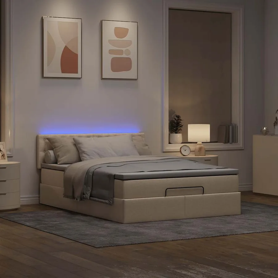 Lit ottoman avec matelas et LED crème 140x190 cm tissu - 3