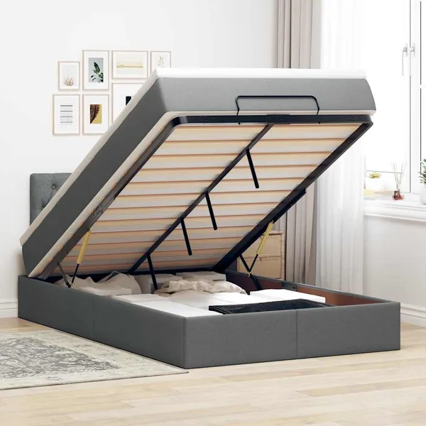 Lit ottoman avec matelas gris foncé 120x190 cm tissu
