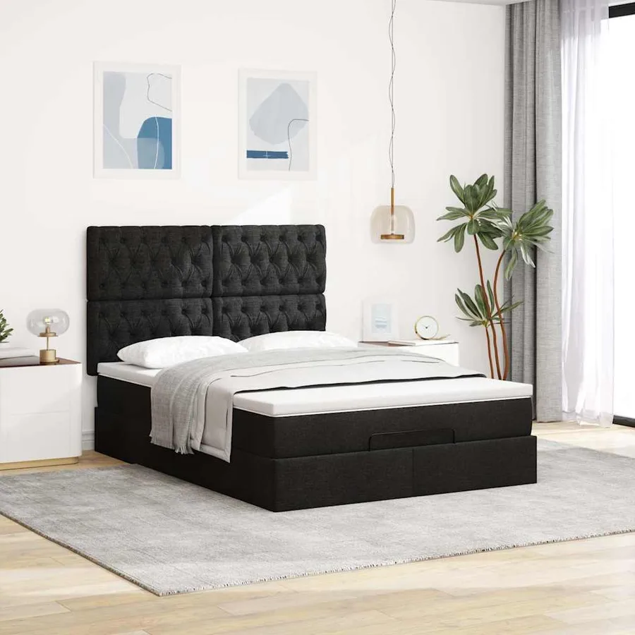 Cadre de lit ottoman avec matelas noir 140x200 cm tissu - 4