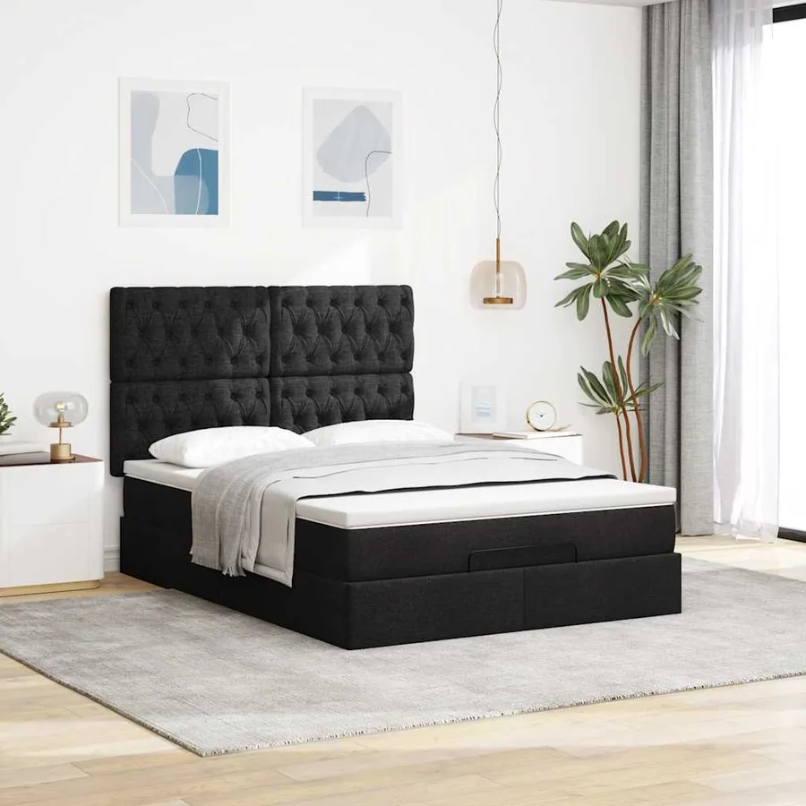 Cadre de lit ottoman avec matelas noir 140x200 cm tissu - 3