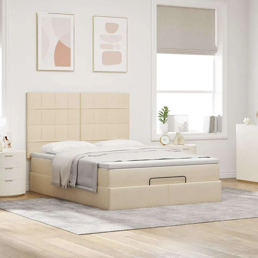 Cadre de lit ottoman avec matelas crème 140x200 cm tissu - 4