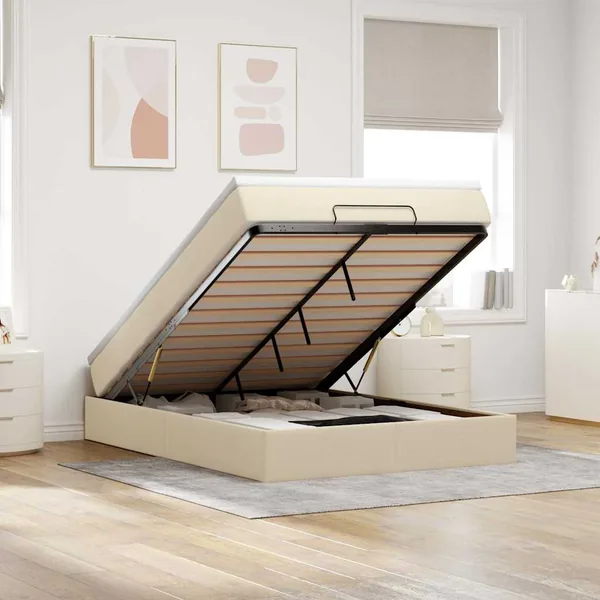 Cadre de lit ottoman avec matelas crème 140x200 cm tissu