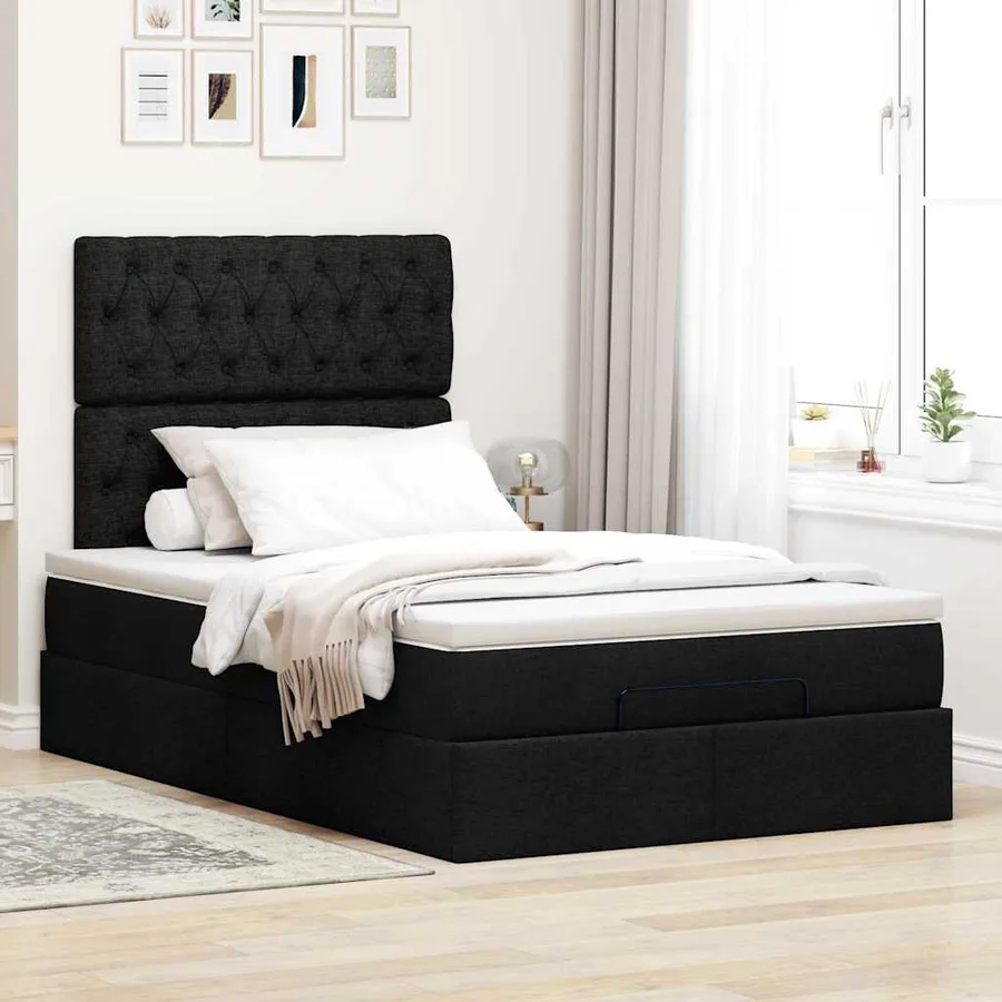Cadre de lit ottoman avec matelas noir 120x190 cm tissu - 3
