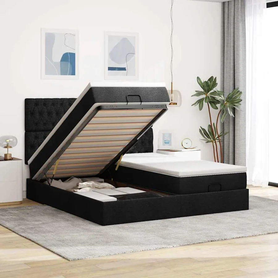 Cadre de lit ottoman avec matelas noir 200x200cm tissu