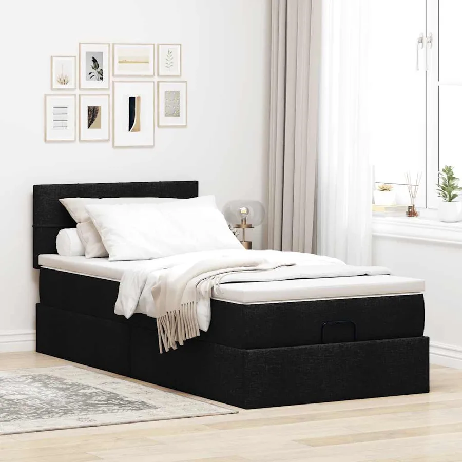 Lit ottoman avec matelas noir 100x200 cm tissu - 3