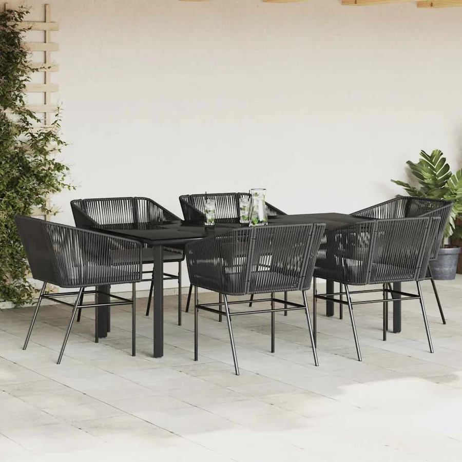 Ensemble à manger de jardin coussins 7pcs noir poly rotin verre - 3
