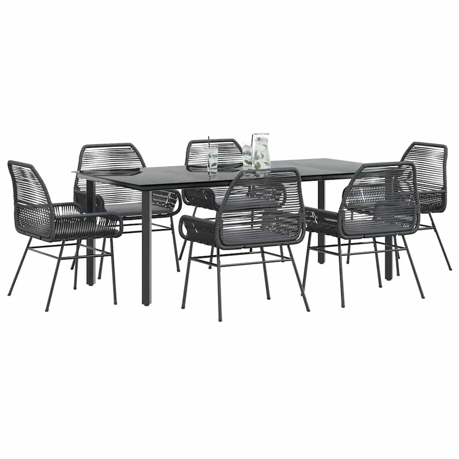 Ensemble à manger de jardin coussins 7pcs noir poly rotin verre