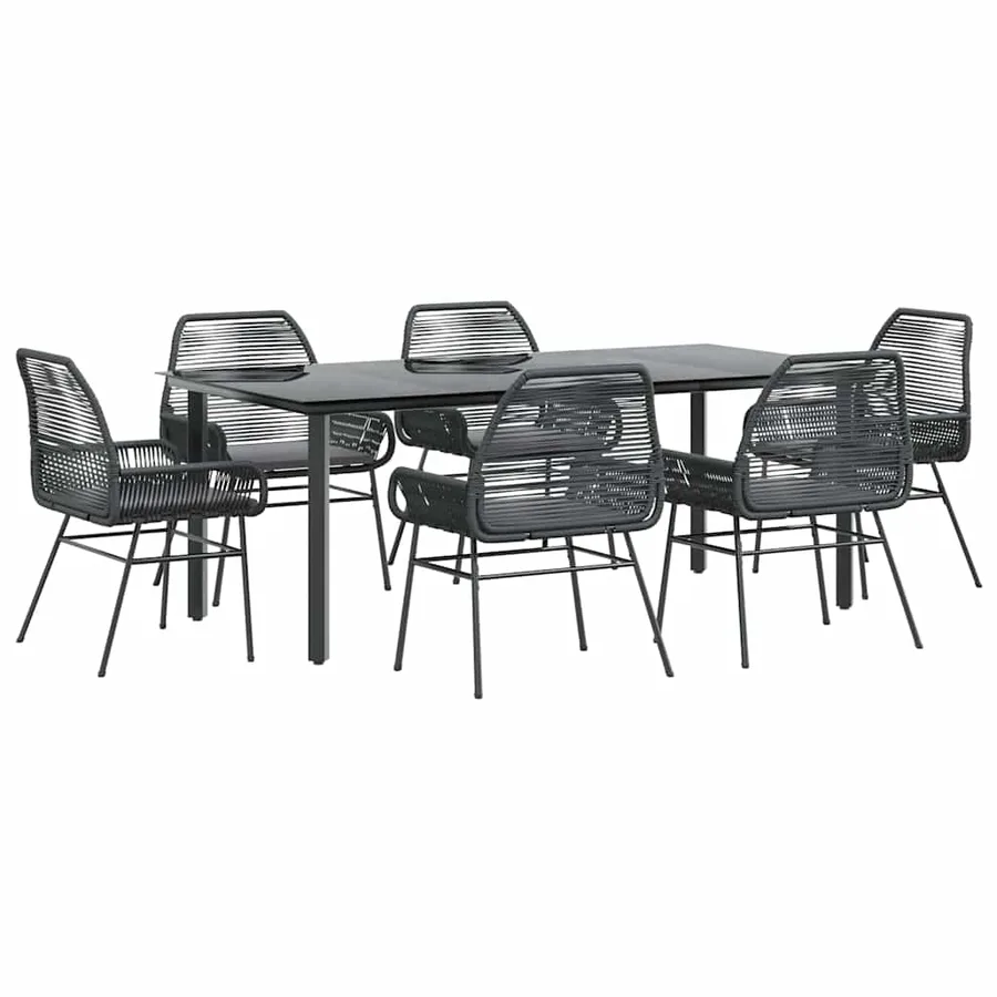 Ensemble à manger de jardin coussins 7pcs noir poly rotin verre - 2